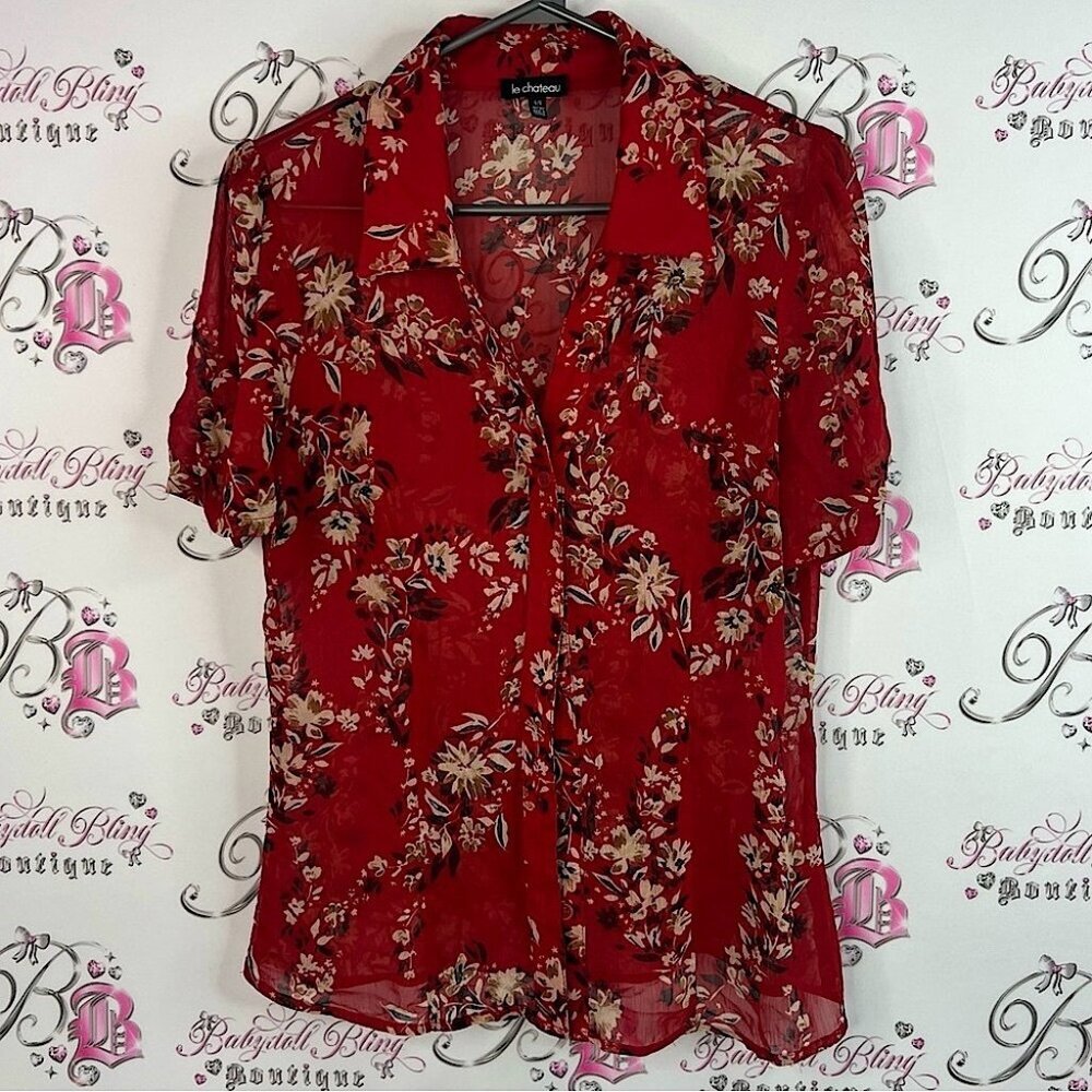 Le Chateau blouse button up flowers sheer Red Floral Blouse